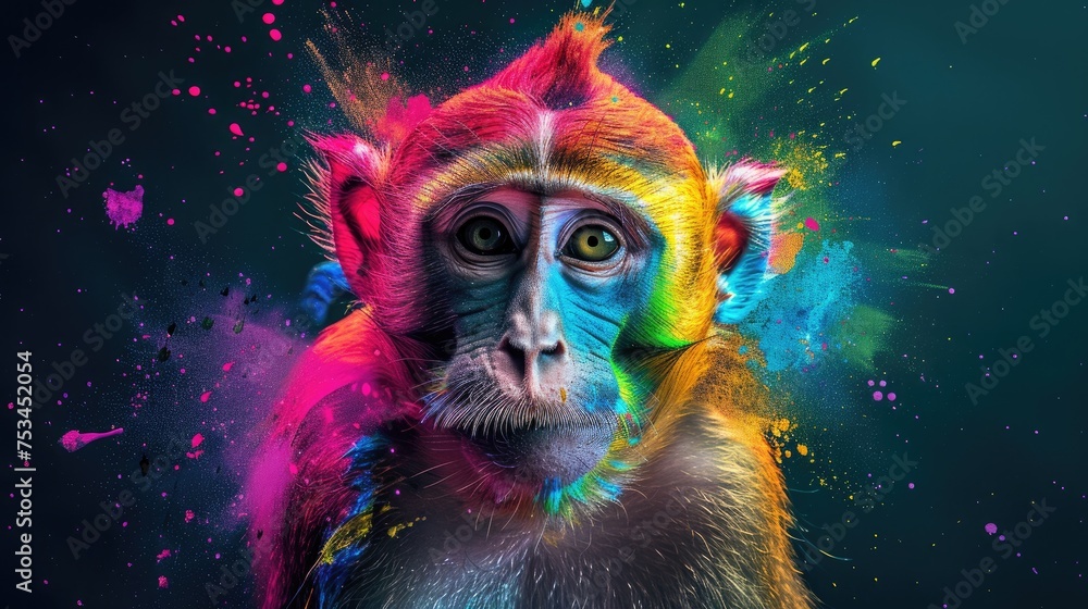 Terrestrial prey, monkey herbivorous animals. They are very cute and lovable. Painted with paint splash technique. Isolated black background. Also for T-shirt printing pattern. Generative AI