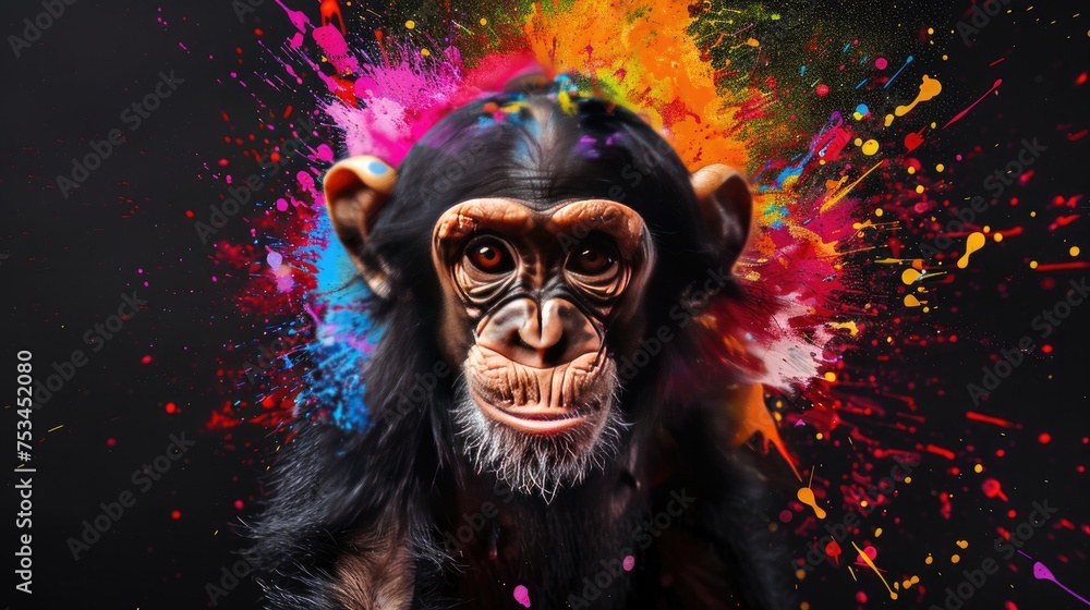 Terrestrial prey, monkey herbivorous animals. They are very cute and lovable. Painted with paint splash technique. Isolated black background. Also for T-shirt printing pattern. Generative AI Terrestrial prey, monkey herbivorous animals. They are very cute and lovable. Painted with paint splash technique. Isolated black background. Also for T-shirt printing pattern. Generative AI