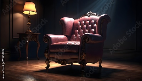 Classic armchair subjective isolated in a dark room  wooden floor  macro  one subject  free  no people