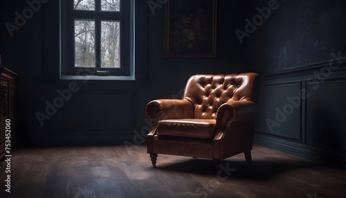 Classic armchair subjective isolated in a dark room, wooden floor, macro, one subject, free, no people