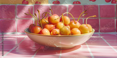 Front view fresh sweet yellow and redish barries fruits inside plate on the pink marble surface and background photo