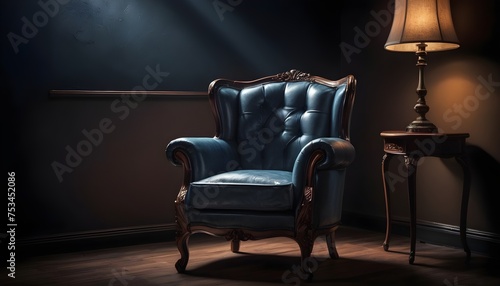 Classic armchair subjective isolated in a dark room, wooden floor, macro, one subject, free, no people © Lied
