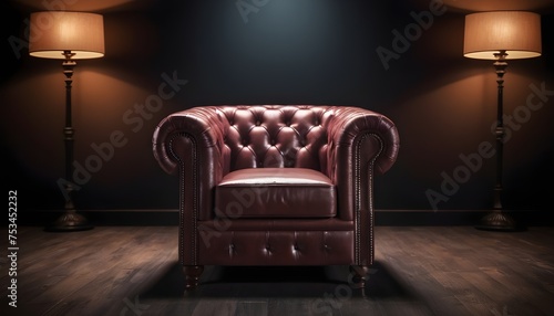 Classic armchair subjective isolated in a dark room, wooden floor, macro, one subject, free, no people photo