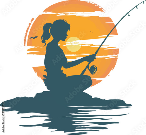 
Perched on a pebble, a young woman fishes along the seashore. The vibrant hues of a youthful fisherwoman
