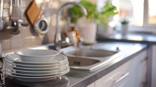 Sunlight streams through the kitchen window, casting a warm glow on the countertop where a set of clean dishes gleams. A mismatched stack of ceramic plates