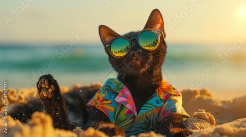 In a vibrant beach setting, a sleek black cat lounges gracefully on golden sands, adorned with trendy sunglasses and a colorful Hawaiian shirt