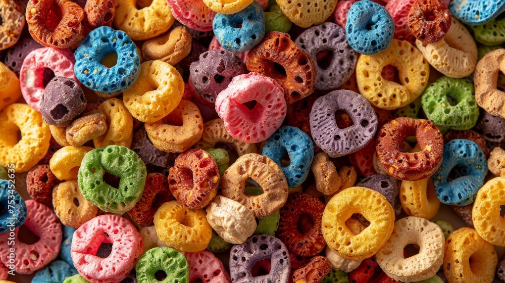 tempting close-up of multicolored breakfast cereal loops