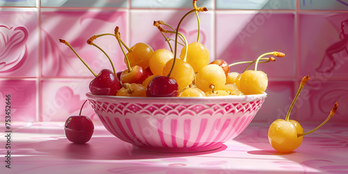 Large yellow and some red cherries in a pink bowl with pink surface and background Vertical shot of bowl full of fresh ripe sweet cherries photo