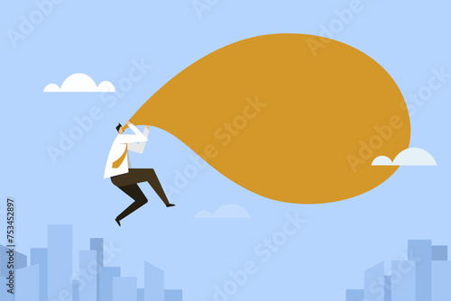 Conceptual illustration of a businessman blowing up a balloon and flying high