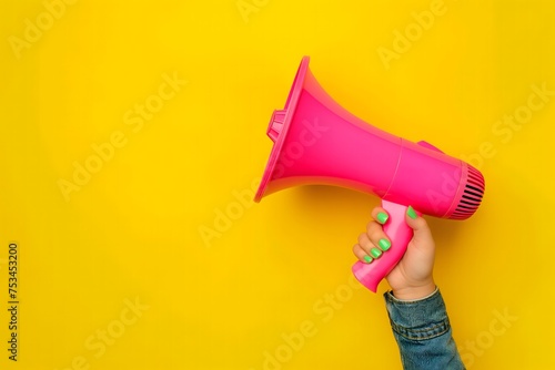 Hand holding a megaphone, copy space. Isolated on a yellow background.