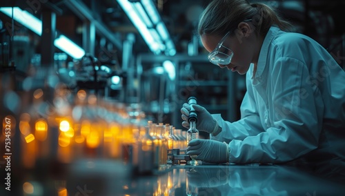 Scientist working with samples in an industrial laboratory setting.
