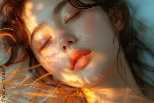 Dreamlike portrait of a woman in sunlight with a whimsical glow.