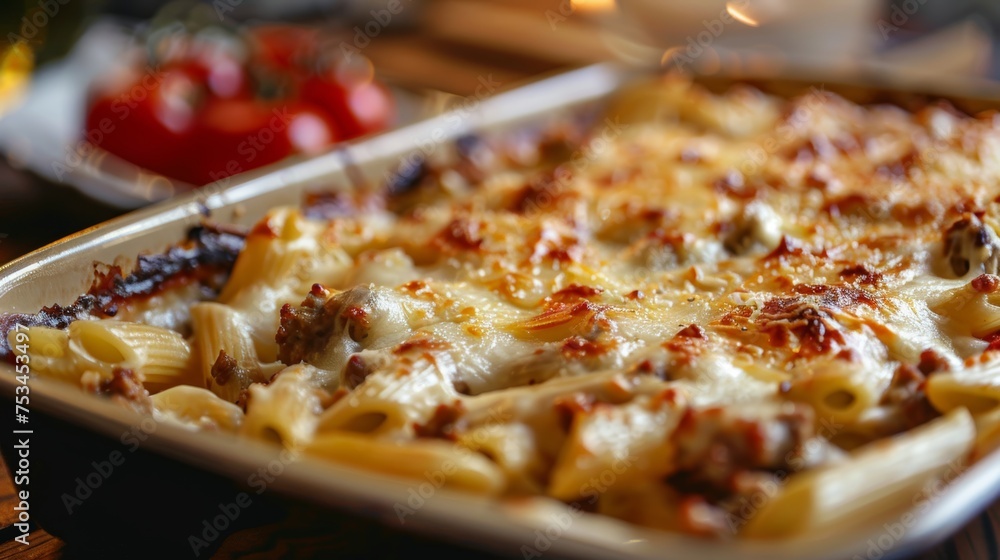 Greek Pastitsio of penne, ground lamb, grated cheese, and tomatoes topped with bechamel sauce and melted cheese in baking dish Greek Pastitsio of penne, ground lamb, grated cheese, and tomatoes topped with bechamel sauce and melted cheese in baking dish