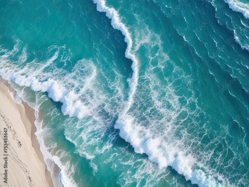 Take a picture of the beach and waves from above using the drone's top-down, blue ocean view. Take a picture of the beach and waves from above using the drone's top-down, blue ocean view.