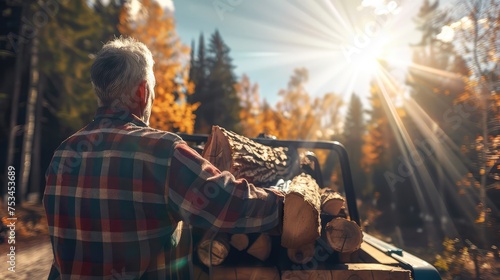 An old man collects firewood in the autumn forest. An elderly man collects firewood in the forest.