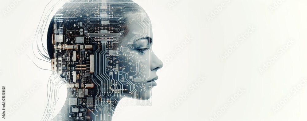 Artistic representation of a woman with her profile merging into a complex circuit board, symbolizing the integration of human intelligence with technology
