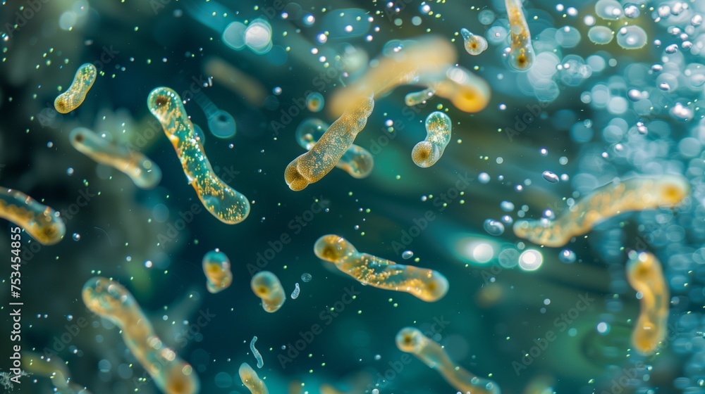 Journey into the depths of a crystal-clear pool teeming with microscopic wonders. Glimmering under the perfect illumination, Journey into the depths of a crystal-clear pool teeming with microscopic wonders. Glimmering under the perfect illumination,