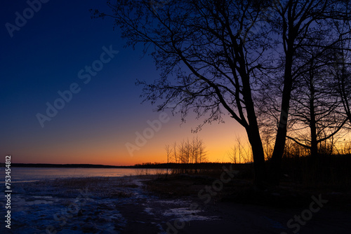 A beautiful sunrise landscape with a tree silhouette against the frozen lake. Winter scenery of Northern Europe.