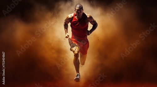 Athletic strong fast Runner, Sprinter, Man running on a treadmill on a sports track on a dark abstract background with light. Competitions, Sports, Energy, Running, Training, Healthy lifestyle concept