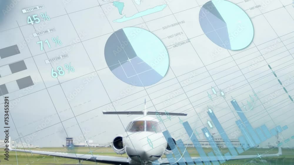 Animation of data processing and diagrams over plane at airport Animation of data processing and diagrams over plane at airport