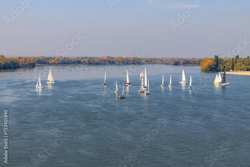 Yachts at sailing regatta on the Dnieper river in Kremenchug, Ukraine