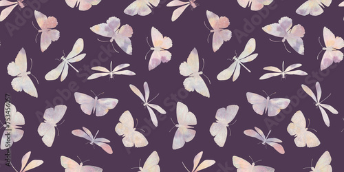 Seamless pattern of butterflies and dragonflies  endless watercolor pattern  hand drawn. Fabric design  kitchen textiles  packaging  wrapping paper.