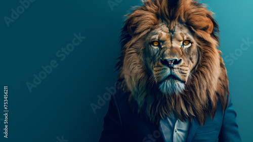 Stylish lion in an elegant business suit on a blue background  generative Ai