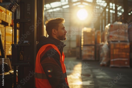 Forklift operator working in a sunlit warehouse with pallets