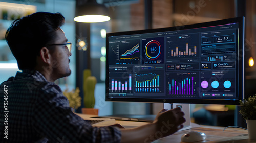 Capture the essence of real-time business performance with a visually stunning shot of a professional performance indicator dashboard in action.