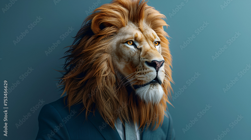 Stylish lion in an elegant business suit on a blue background, generative Ai