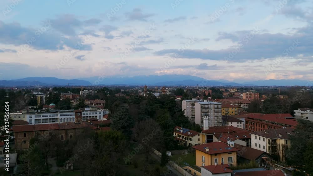 Vimercate townscape in province of Monza in Lombardy, Italy. Aerial drone rising Vimercate townscape in province of Monza in Lombardy, Italy. Aerial drone rising