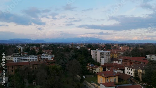 Vimercate townscape in province of Monza in Lombardy, Italy. Aerial drone rising photo