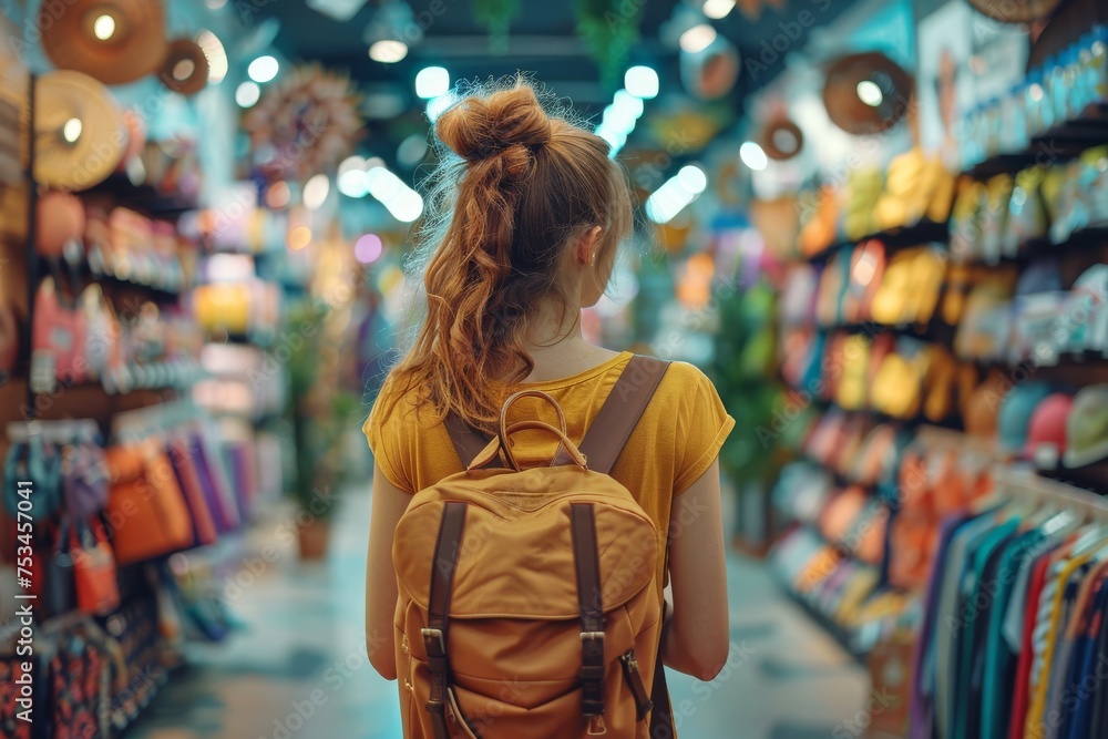 Young woman shopping in a colorful boutique with a stylish backpack