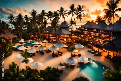 Tropical resort with sunset near beach