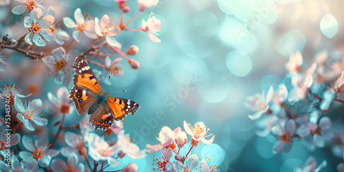 Background Pattern Wallpaper blue butterfly flying over pink cherry blossoms with blurly bokeg garden background photo