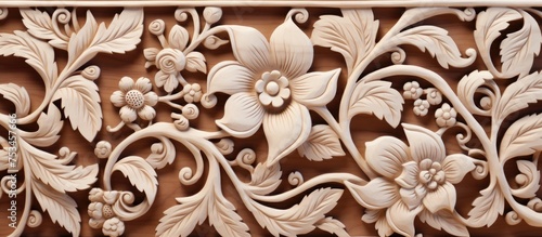 Wood carving with floral design for background purpose photo