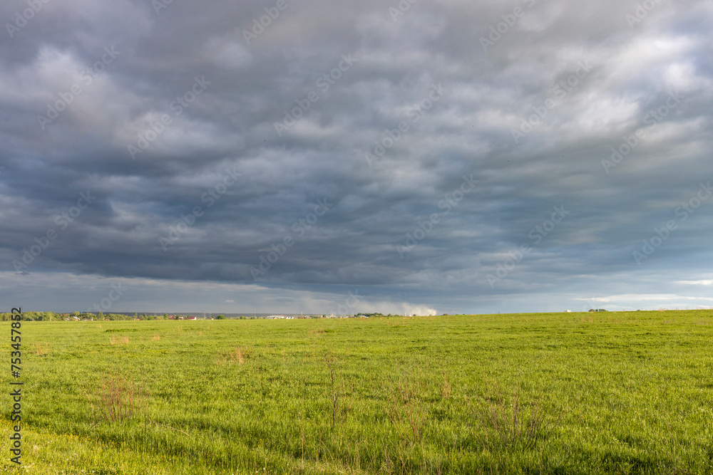 Sunny landscape against a dramatic sky, countryside in early spring, young green grass in a field