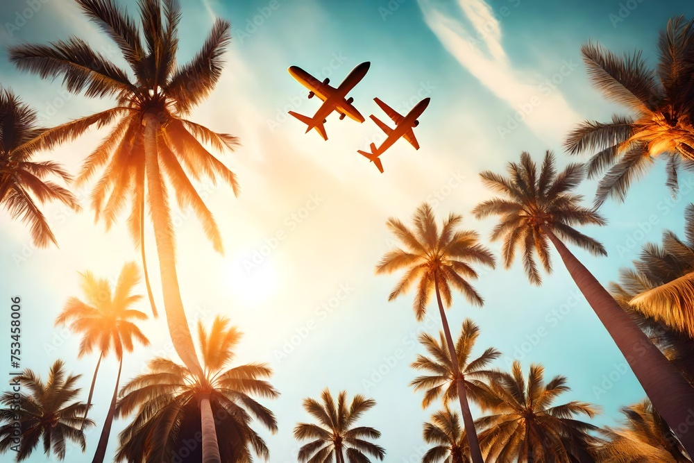 Airplane flying above palm trees in clear sunset sky with sun rays. Concept of traveling, vacation and travel by air transport. Beautiful sky background.