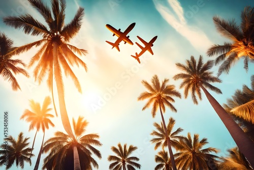 Airplane flying above palm trees in clear sunset sky with sun rays. Concept of traveling, vacation and travel by air transport. Beautiful sky background.