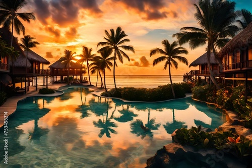 Tropical resort with sunset near beach © Eun Woo Ai