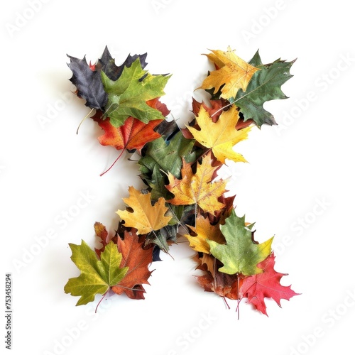 Colorful Autumn Alphabet - Vibrant Fall Foliage Shaped as Letter X on a Pristine White Backdrop