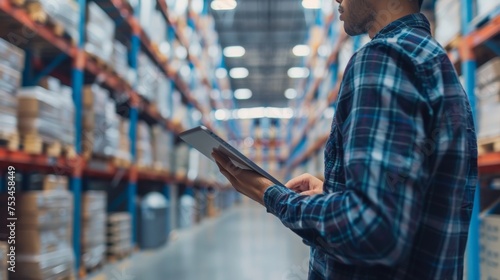 employee using a tablet in warehouse photo