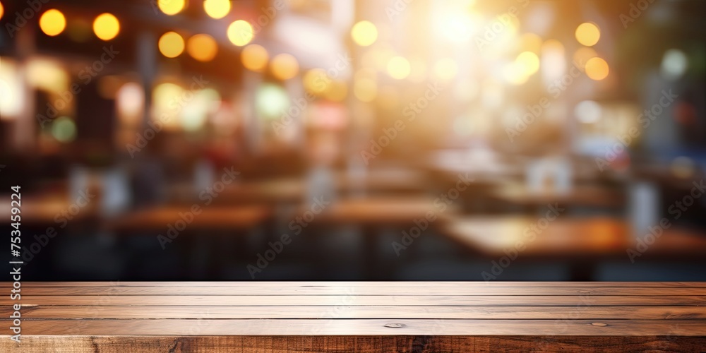 Wooden table with blurred restaurant background for product display or design layout. Copy space visible.