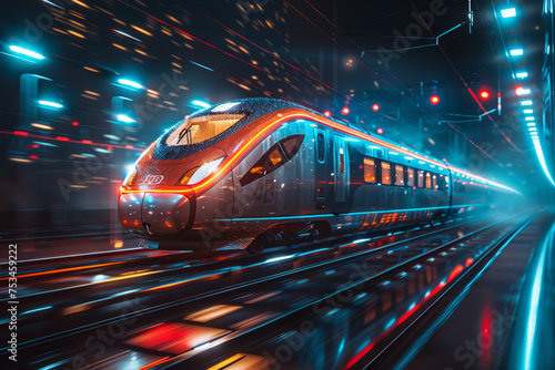 Illuminated High-Speed Train in a Futuristic Tunnel