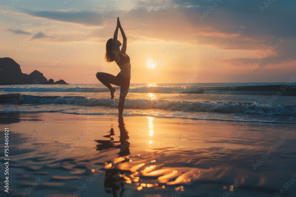 Seaside Serenity: Silhouette of Woman Practicing Yoga at Sunset on Beach