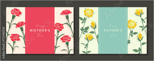 母の日　父の日　素材セット　フレーム　背景　ベクターイラスト　カーネーション　バラ　