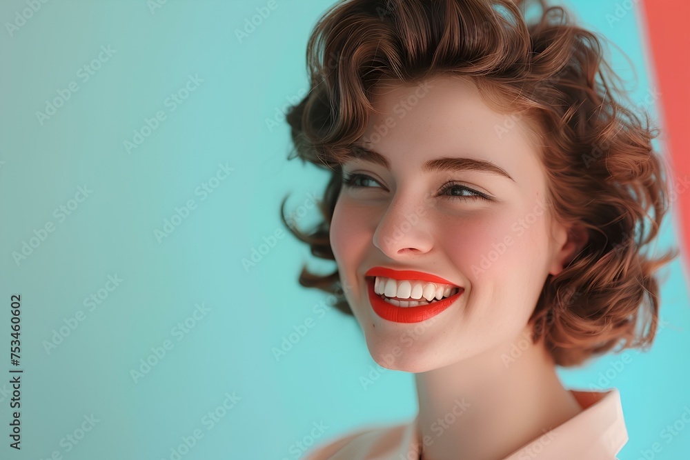 Naklejka premium 1950s woman with white teeth smiling in nice clothes on light blue background. generative AI