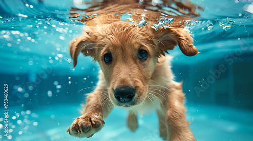Underwater funny photo of golden labrador retriever, generative Ai