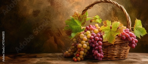 Basket holding grapes in a still-life composition. photo