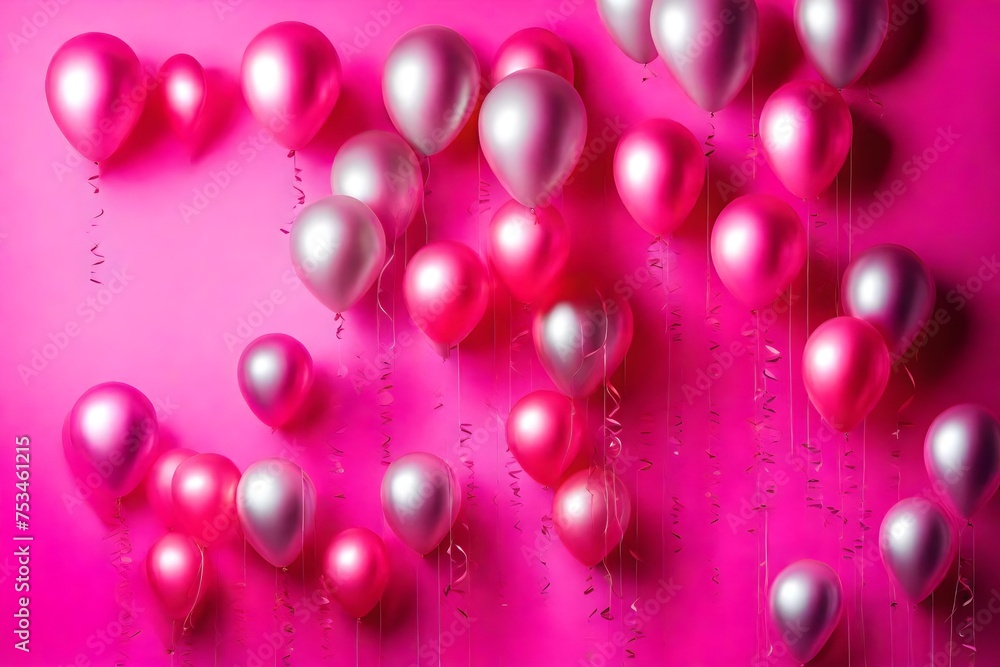 shimmering metallic balloons on a vivid pink background for celebration, with copy space for text